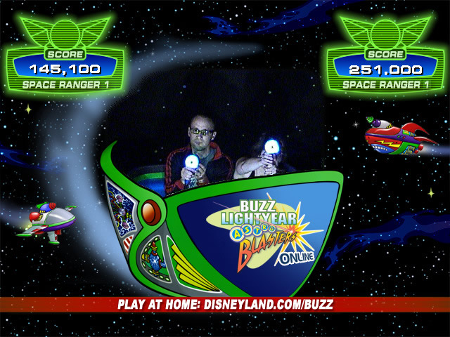 A couple is depicted shooting lasers in the Buzz Lightyear ride